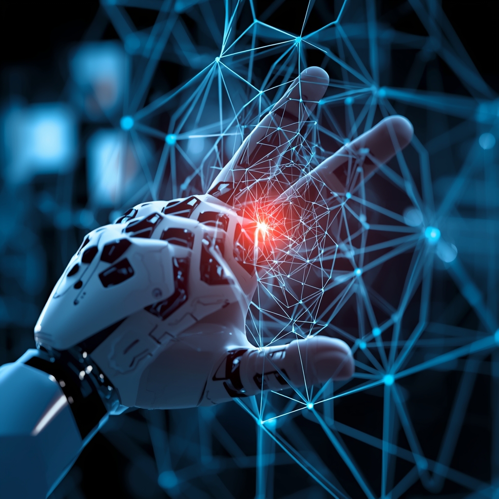 Close up of a robotic hand touching a digital holographic interface with complex geometric patterns, cinematic lighting, 8k resolution, no humans